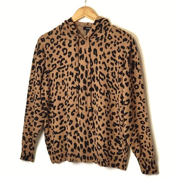 AQUA Animal Leopard Print Hoodie Sweater Tan Black Long Sleeve Casual Trendy L - Picture 5 of 11